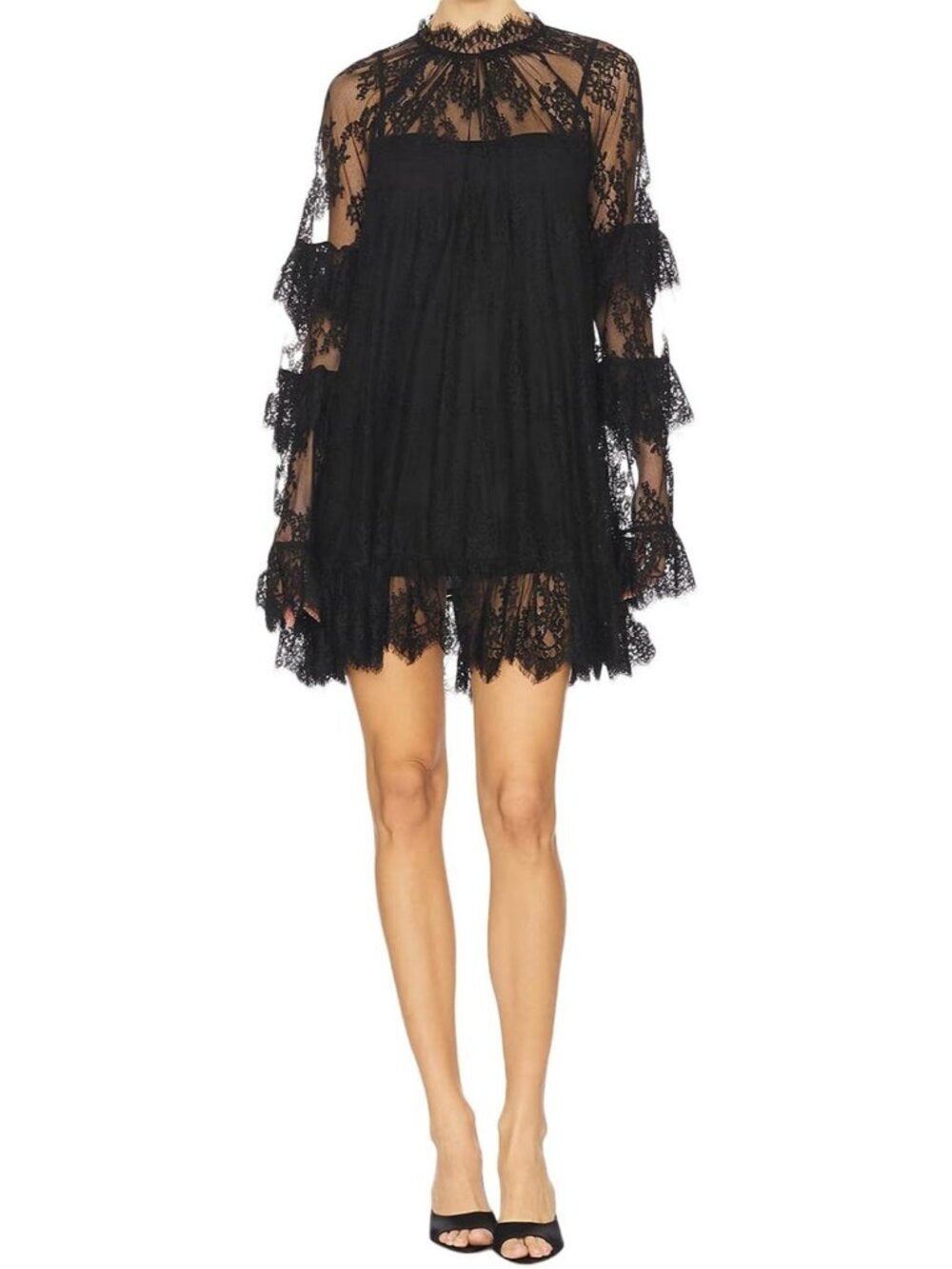 Women's Black Lace Sheer Long Sleeve Y2K Mini Dress Halloween Cover Up Top